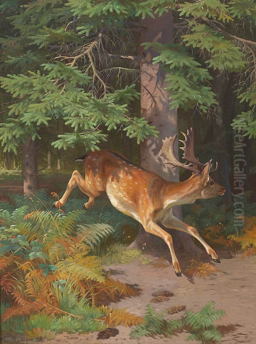 Red deer in a forest clearing. Oil Painting by Adolf Mackeprang