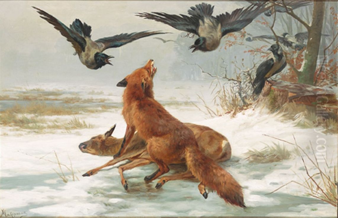 A fox and some crows fighting over the prey. Oil Painting by Adolf Mackeprang