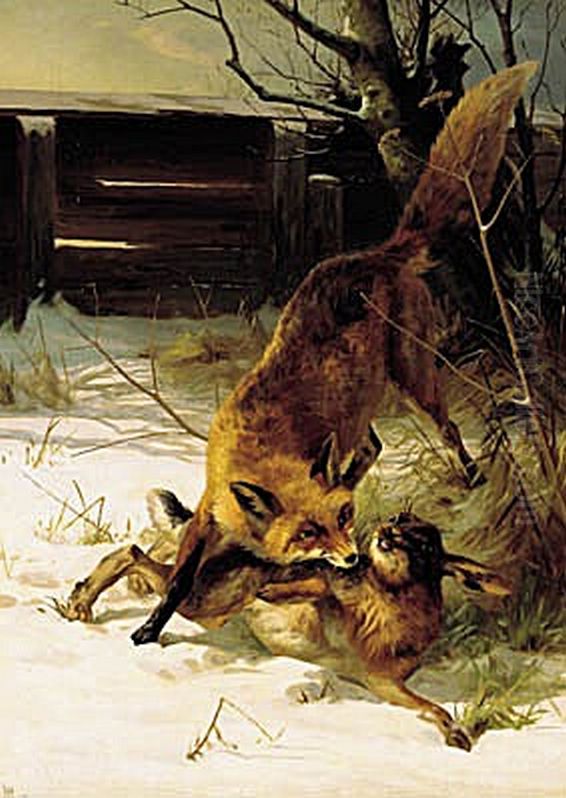 A fox and a hare in a wintery forest. Oil Painting by Adolf Mackeprang