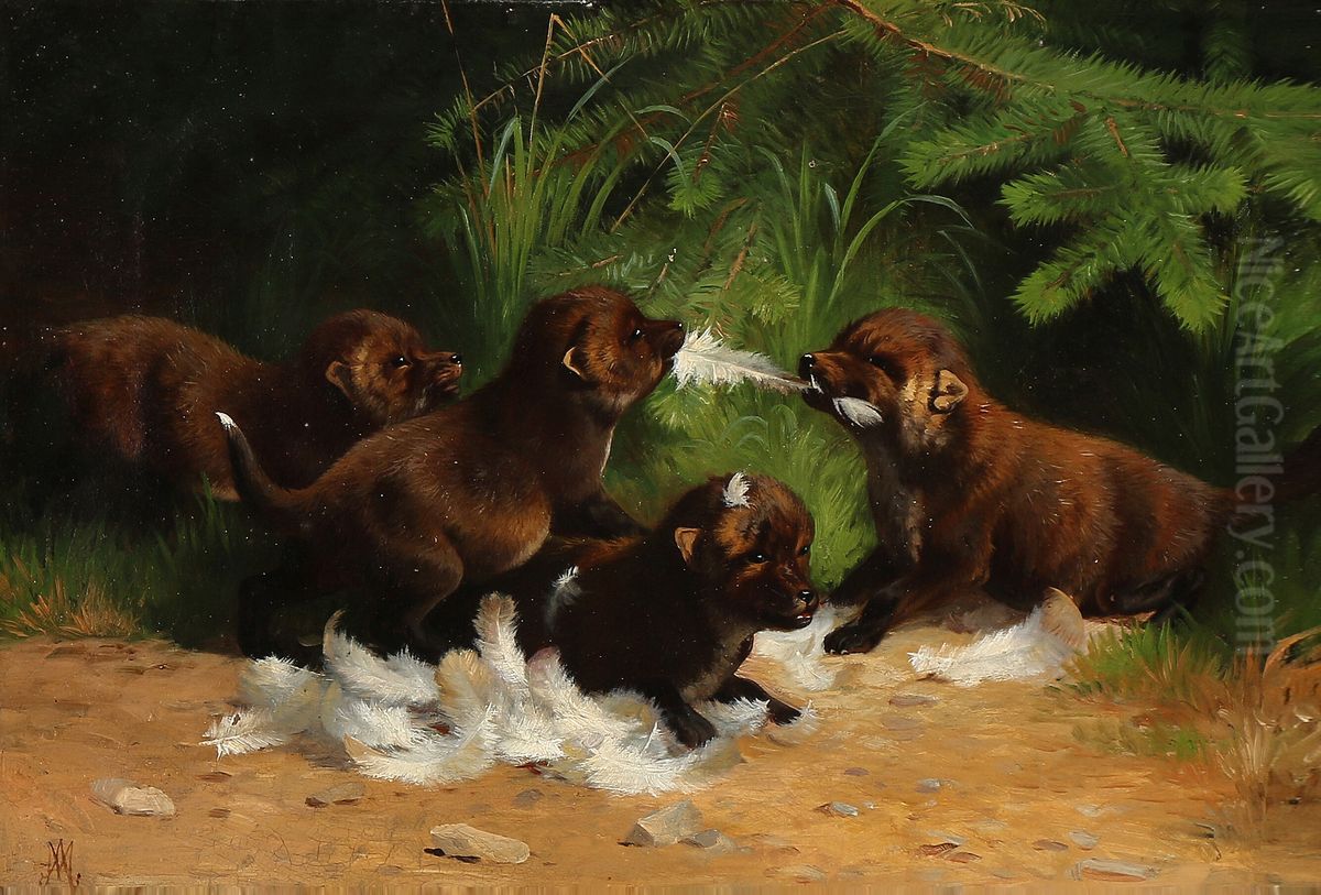 Forest scene with fox pubs fighting over the remains of a bird. Oil Painting by Adolf Mackeprang