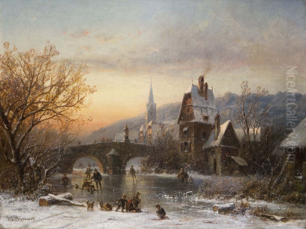 Eisvergnugen in stimmungsvoller Winterlandschaft Oil Painting by Adolf Stademann