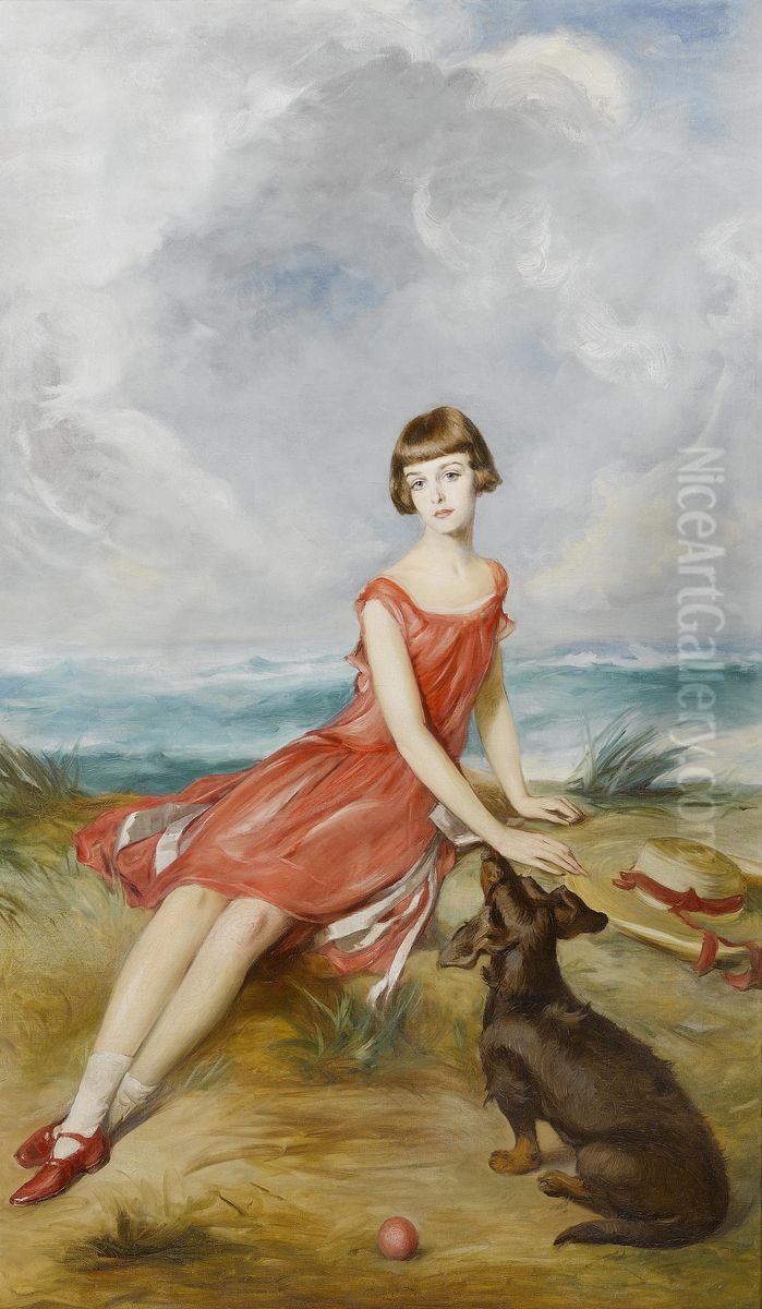 Portrait of a young girl with her dog by the sea. Oil Painting by Adolf Pirsch