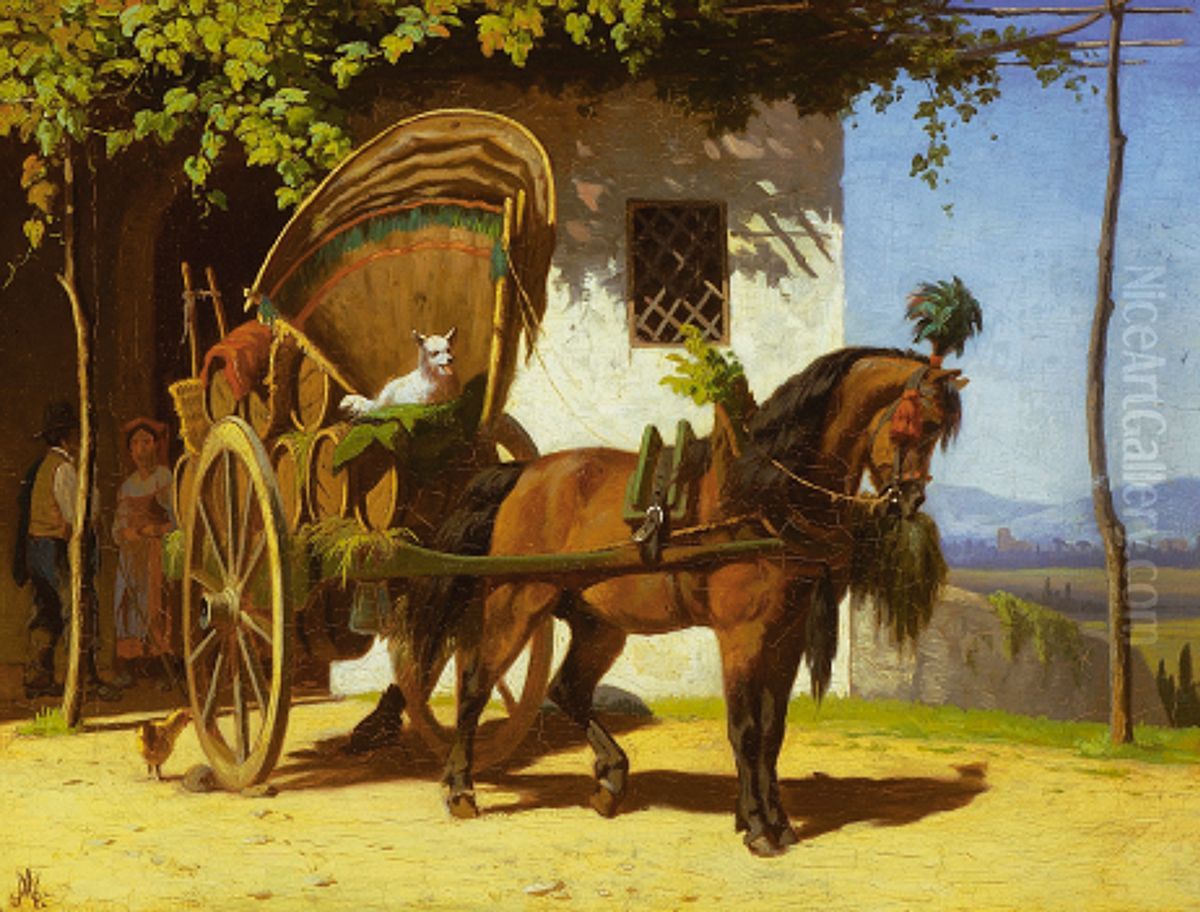 Mediterranean farmyard with a decorated horse-drawn cart. Oil Painting by Adolf Mackeprang