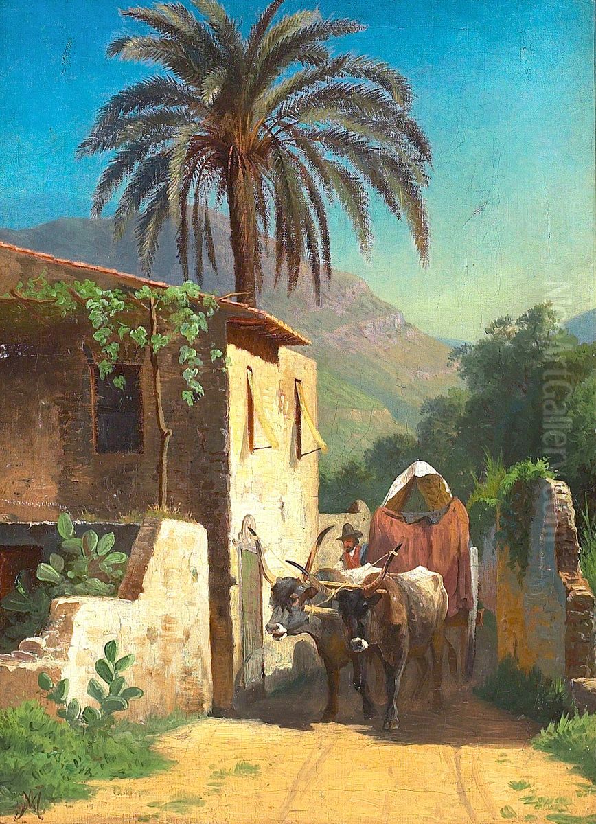 Mediterranean scenery with oxen cart and house. Oil Painting by Adolf Mackeprang