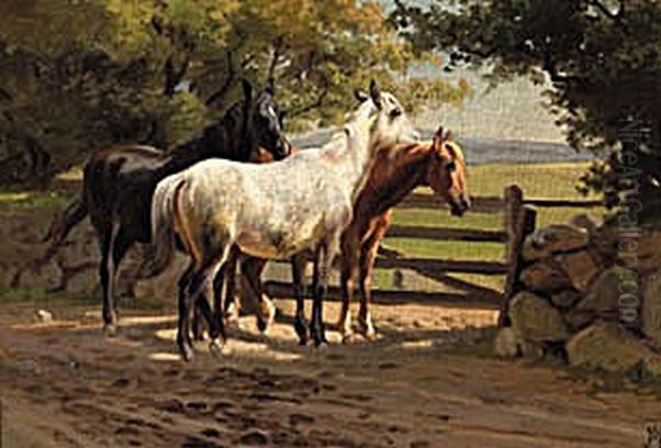 Three horses at stone wall with a gate. Oil Painting by Adolf Mackeprang