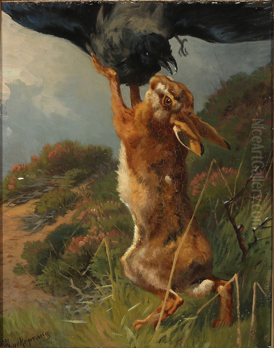Young hare attacked by a crow Oil Painting by Adolf Mackeprang