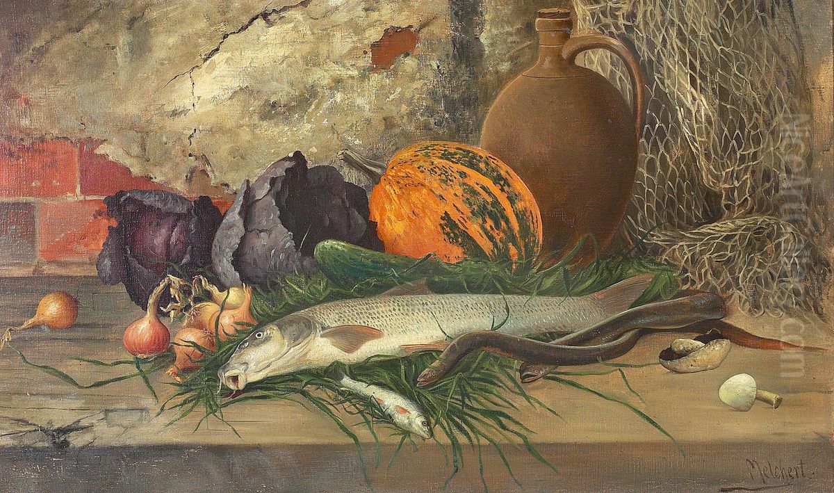 Still life with fish, cabbage, pumpkin, onions and a wine jug. Oil Painting by Adolf Melchert