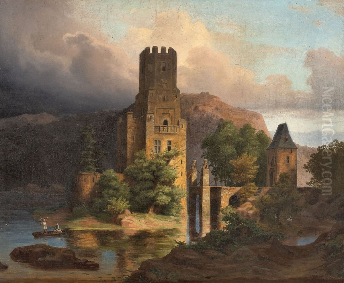 Ansicht einer Wasserburg. Oil Painting by Adolf Wegelin
