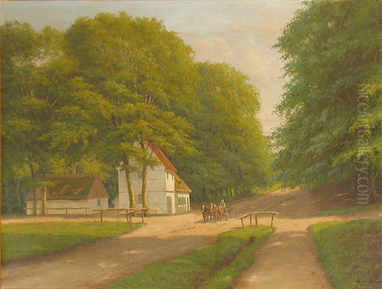 A summer day in Jaegersborg  Dyrehave with a view of Peter Liep's house. Oil Painting by Adolph Larsen