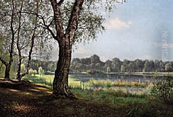 Forest view with a lake, early summer. Oil Painting by Adolph Larsen