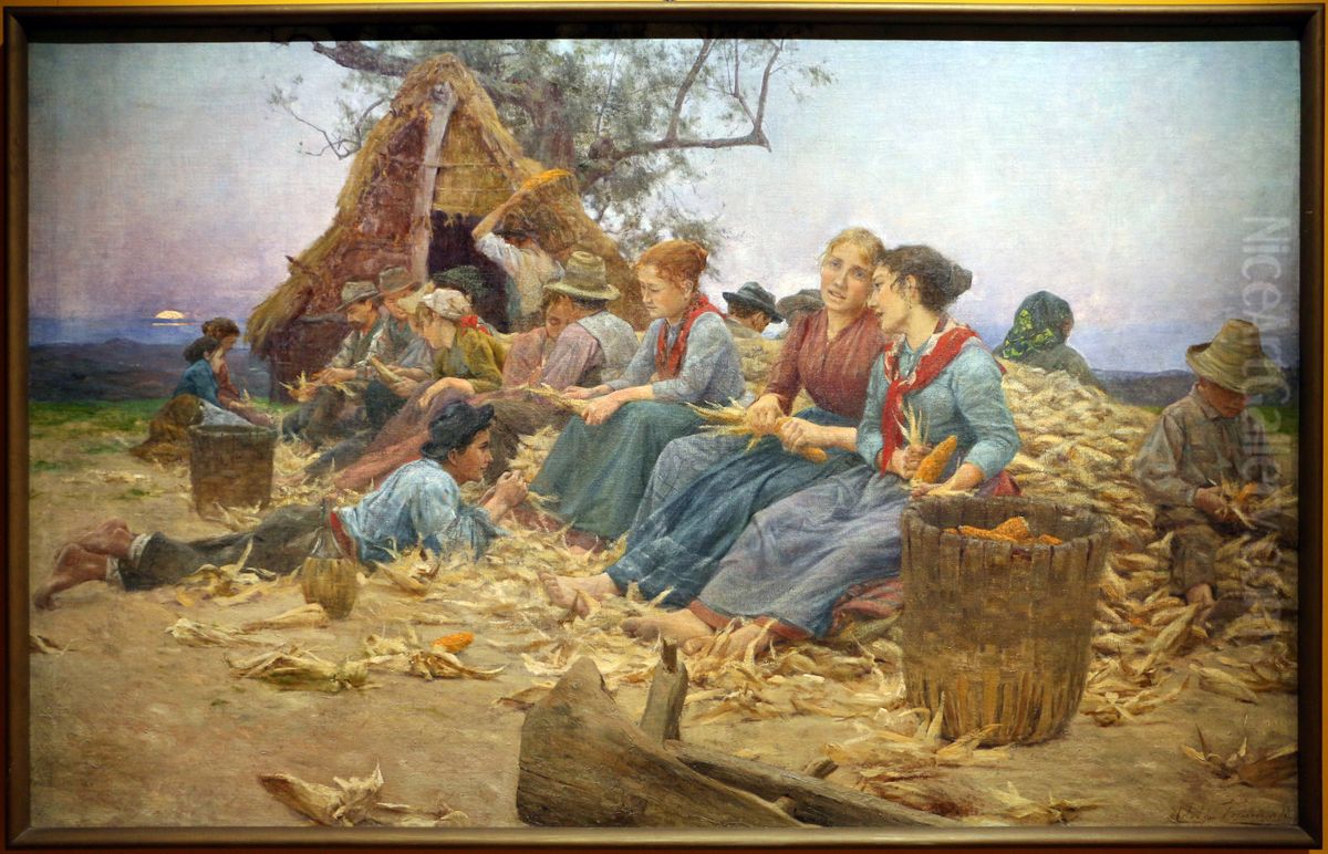 Women husking corn Oil Painting by Adolfo Tommasi