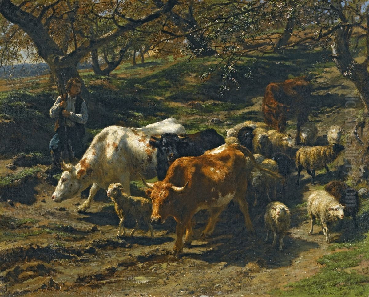 A shepherd with his flock Oil Painting by Rosa Bonheur