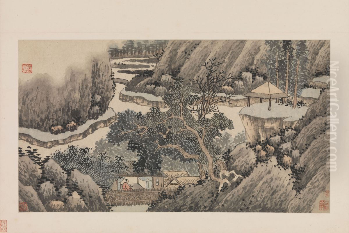 <<ming chen zhou shan shui ce shan ju du shu>> Oil Painting by Shen Zhou