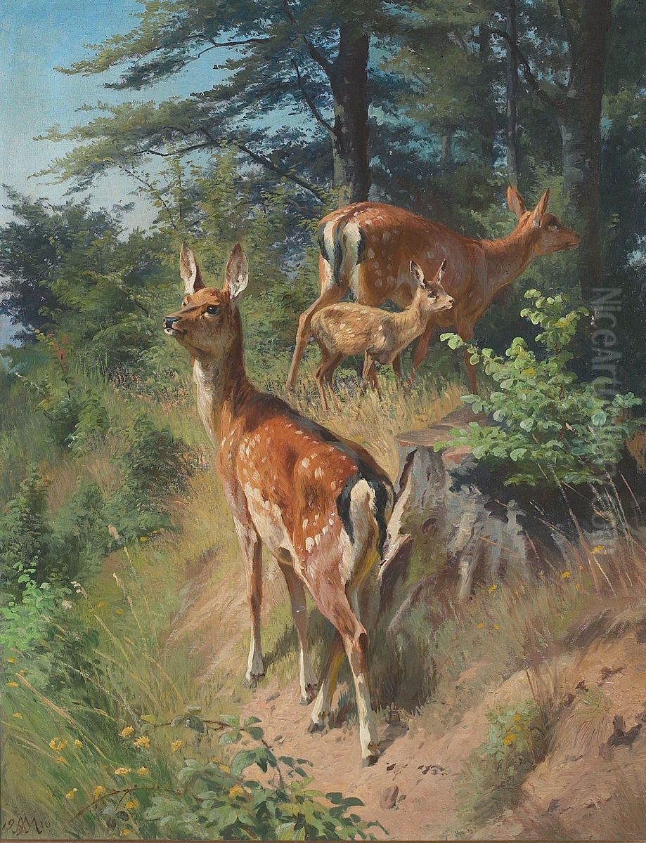 Forest scene with two deer and a fawn. Oil Painting by Adolf Mackeprang