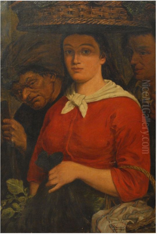 Young woman on a market carrying a straw basket and a bag Oil Painting by Adolphe Pierre Sunaert