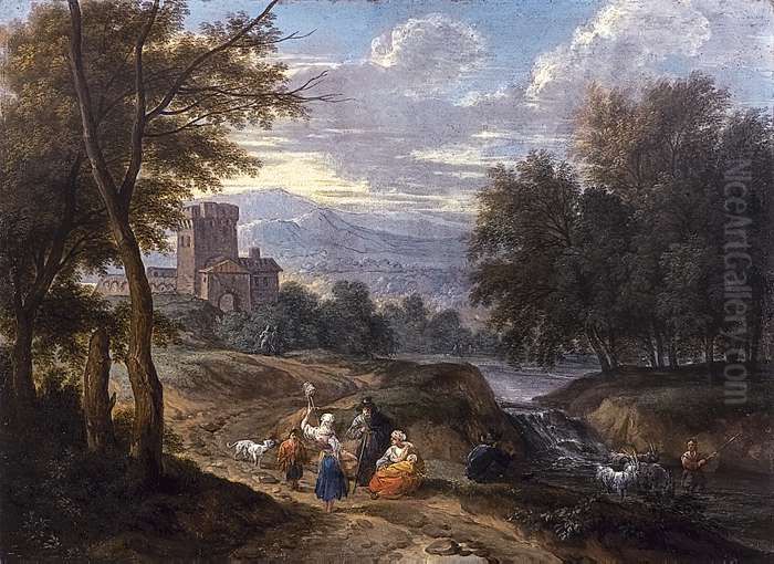 A classical landscape with travelers and a shepherd crossing a river Oil Painting by Mathys Schoevaerdts