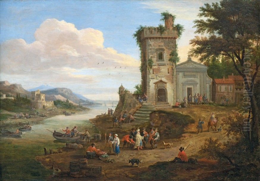 Arrival of an Ottoman dignitary in a Mediterranean port Oil Painting by Adriaen Frans Boudewyns