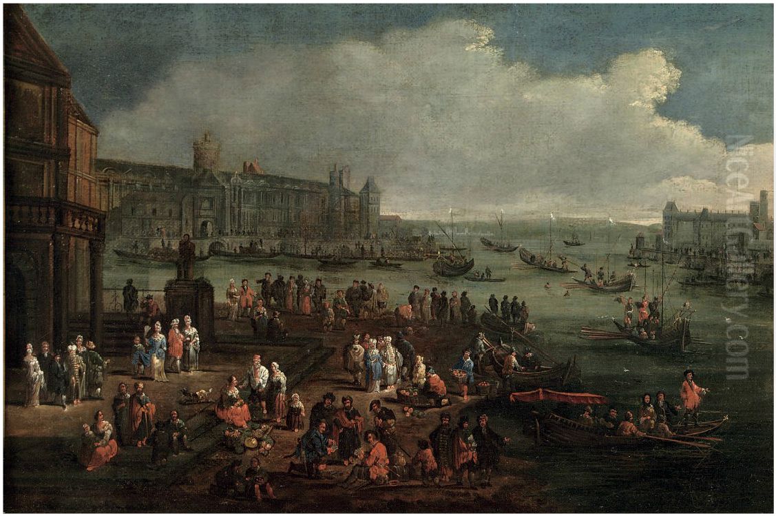 An Italianate harbour with numerous figures Oil Painting by Adriaen Frans Boudewyns
