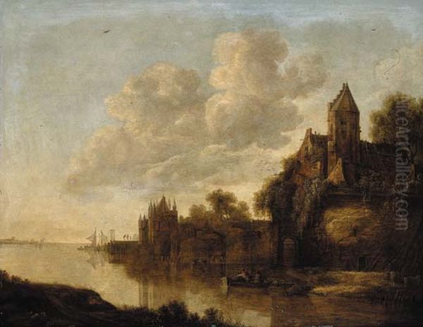 Castle by a river Oil Painting by Adriaen Hendriksz Verboom