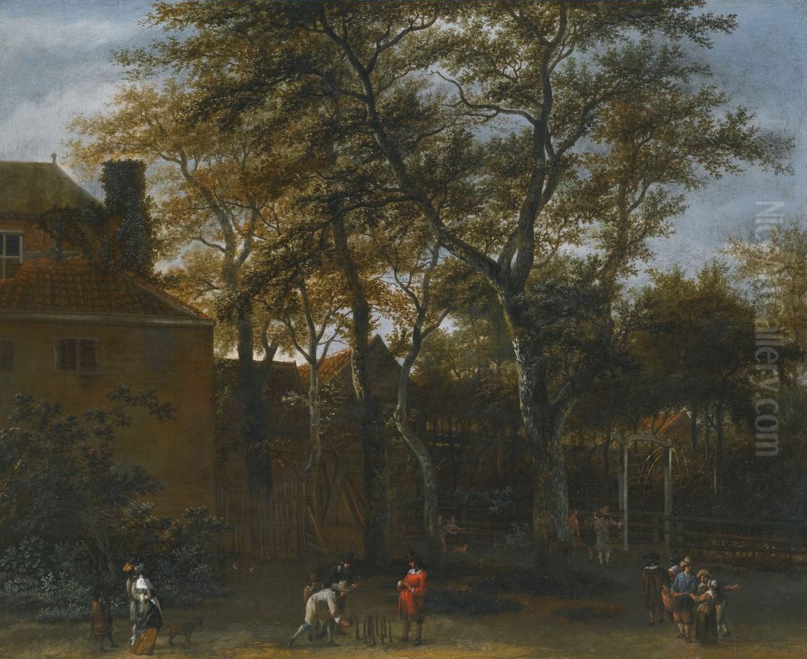 Four men playing Skittles in a garden, with onlookers Oil Painting by Adriaen Hendriksz Verboom