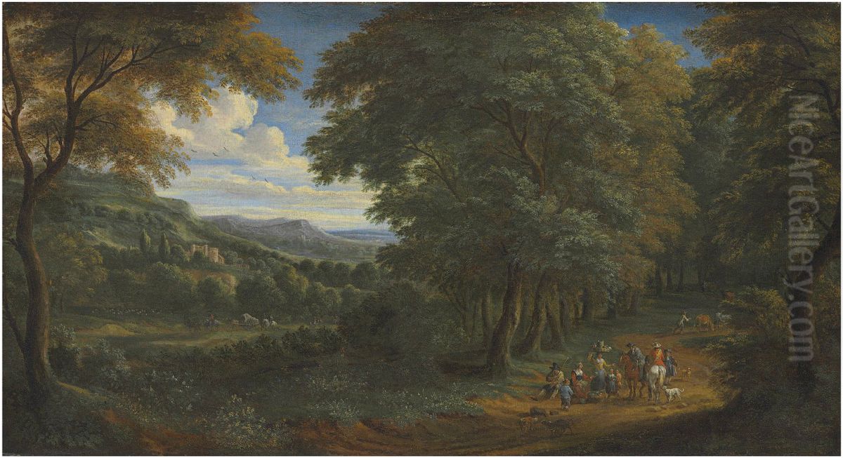 A wooded landscape with horsemen greeting travelers on a path Oil Painting by Adriaen Frans Boudewyns
