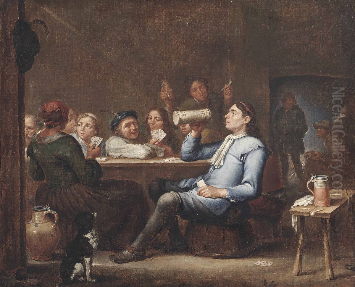 Peasants drinking and playing cards in a tavern Oil Painting by Adriaen Rombouts
