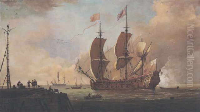 A British Fifth Rate signalling its arrival at a Continental Port. Oil Painting by Adriaen Van Diest