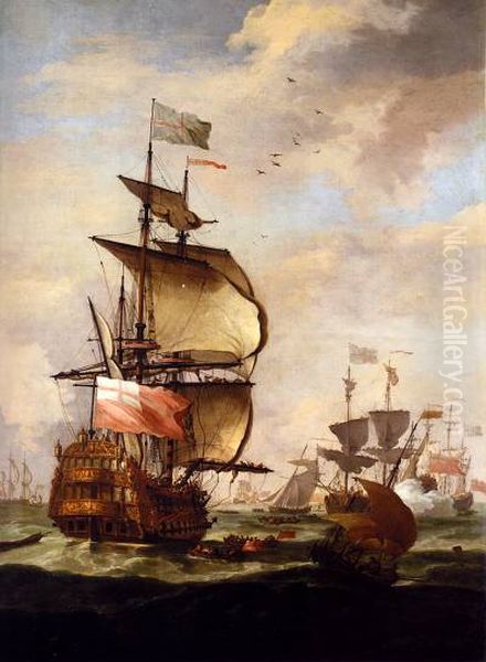 The English Fleet at sea. Oil Painting by Adriaen Van Diest