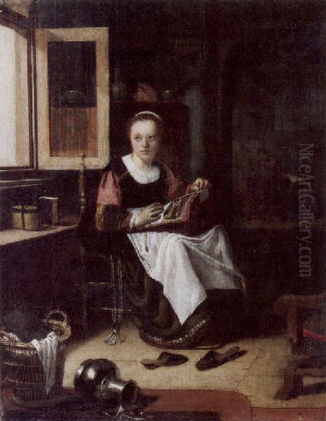 Stickende junge Frau in einem Interieur am offenen Fenster. Oil Painting by Adriaen van Gaesbeeck