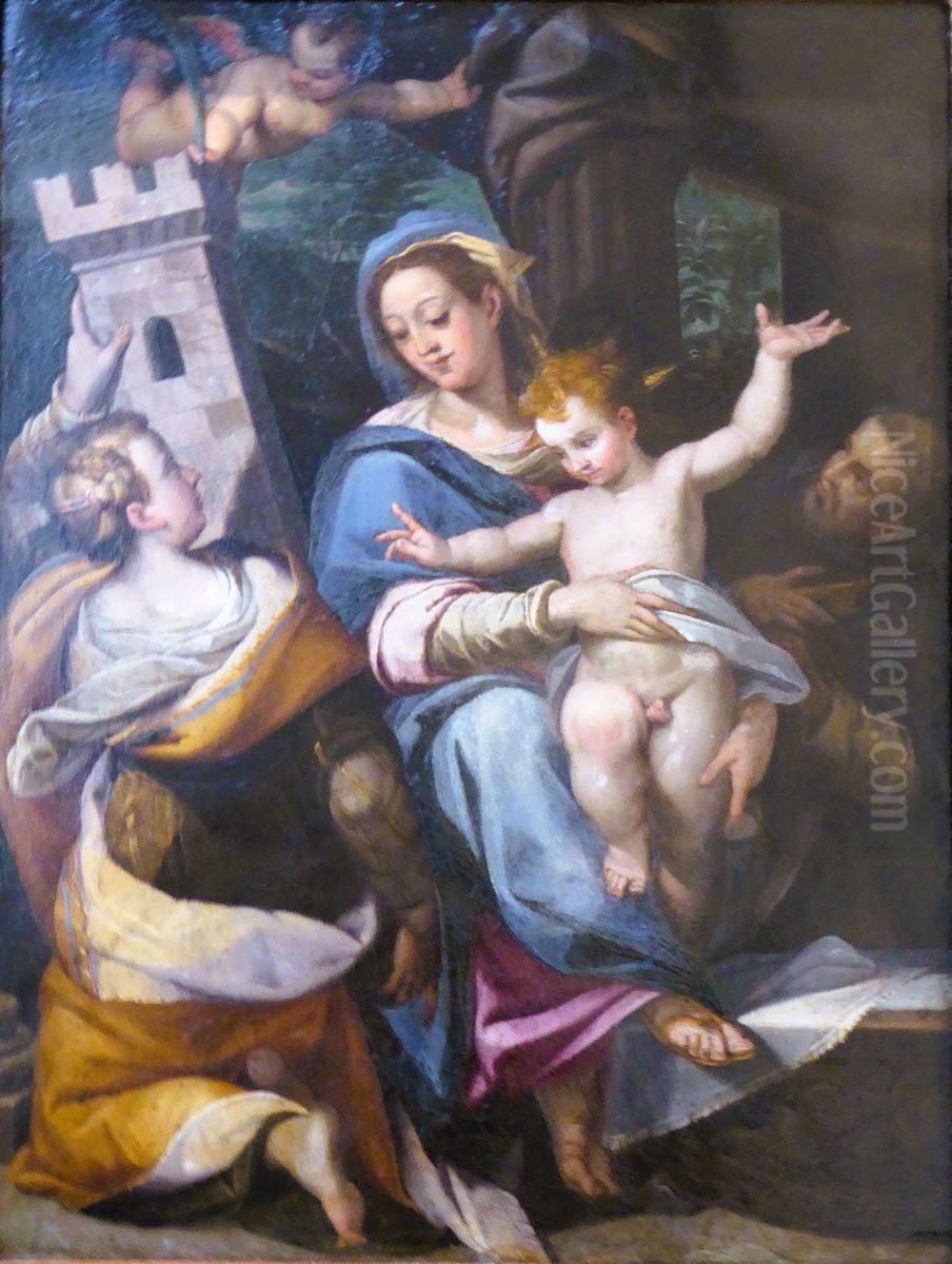 The Virgin and the Child, Saint Barbe, Saint Raymond de Penyafort Oil Painting by Orazio Samacchini