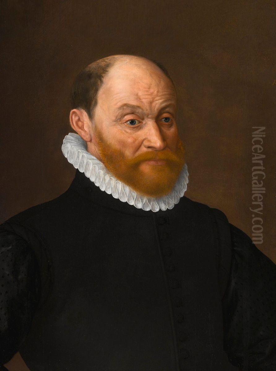 Portrait of a bearded gentleman, bust-length, wearing black and a ruff Oil Painting by Adriaen Thomasz. Key