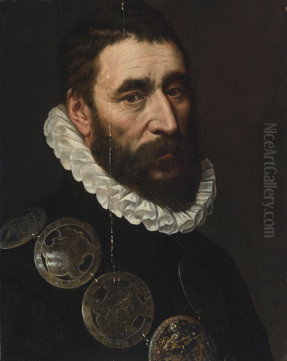 Portrait of a bearded man, bust length, wearing a chain of guild buckles Oil Painting by Adriaen Thomasz. Key