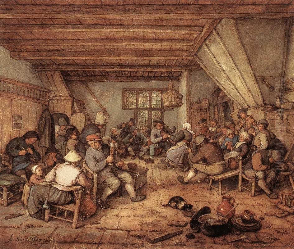 Dansende, drinkende en musicerende boeren in een herberg Oil Painting by Adriaen van Ostade