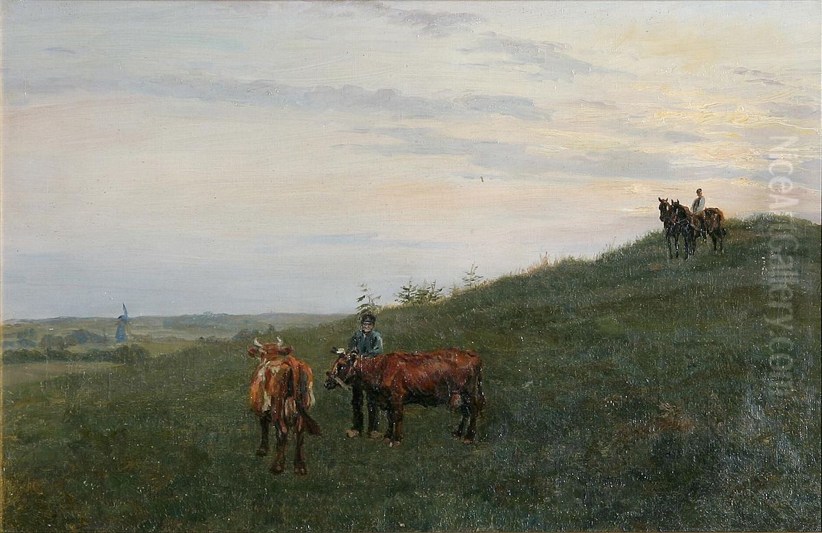 Bondemand med sine koer pa marken. Oil Painting by Otto Bache