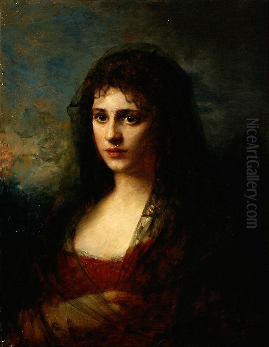 En kvinde i rod selskabskjole med sort torklaede. Oil Painting by Otto Bache