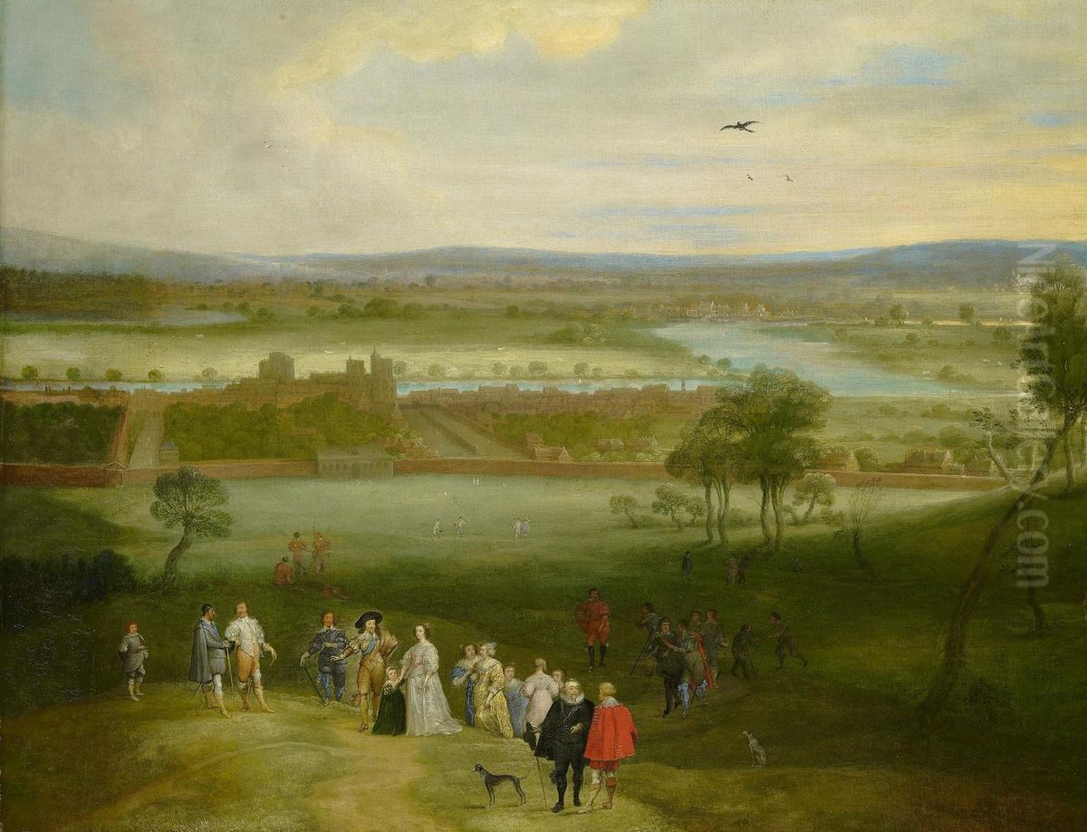 A View of Greenwich. KING CHARLES I OF ENGLAND AND HIS FAMILY Oil Painting by Adriaen Van Stalbemt