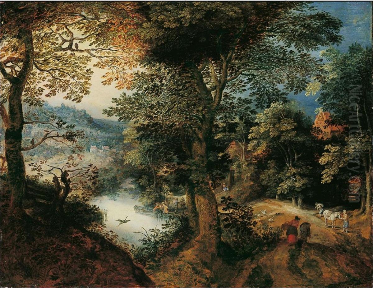 Forest landscape with farmers Oil Painting by Adriaen Van Stalbemt