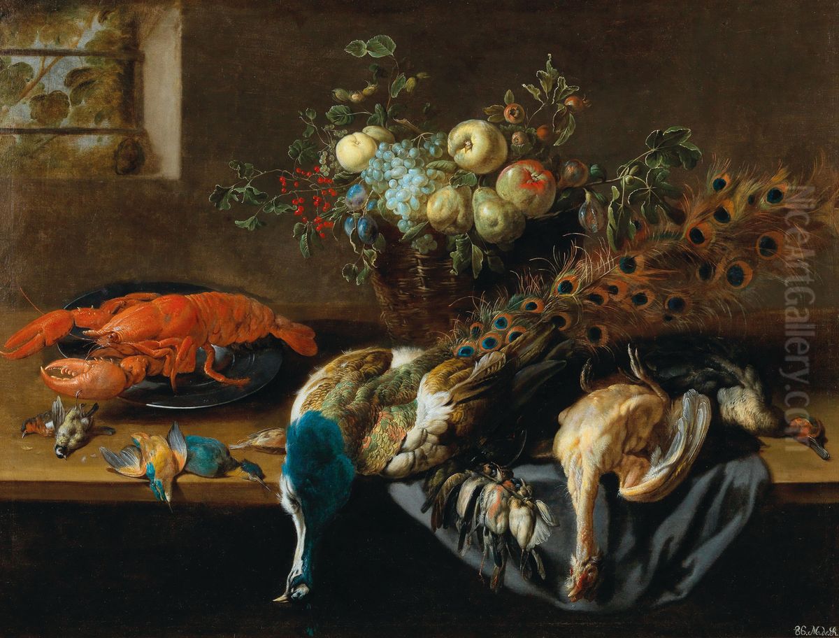 A peacock, fruit, boiled lobster and a prey of birds Oil Painting by Adriaen van Utrecht