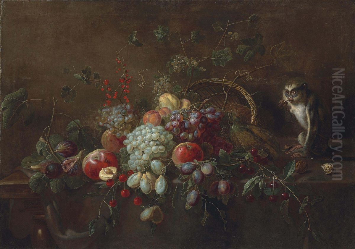 Grapes, apples, plums, figs and other fruit on a partly draped wooden table, a monkey eating walnuts by an upturned woven basket Oil Painting by Adriaen van Utrecht