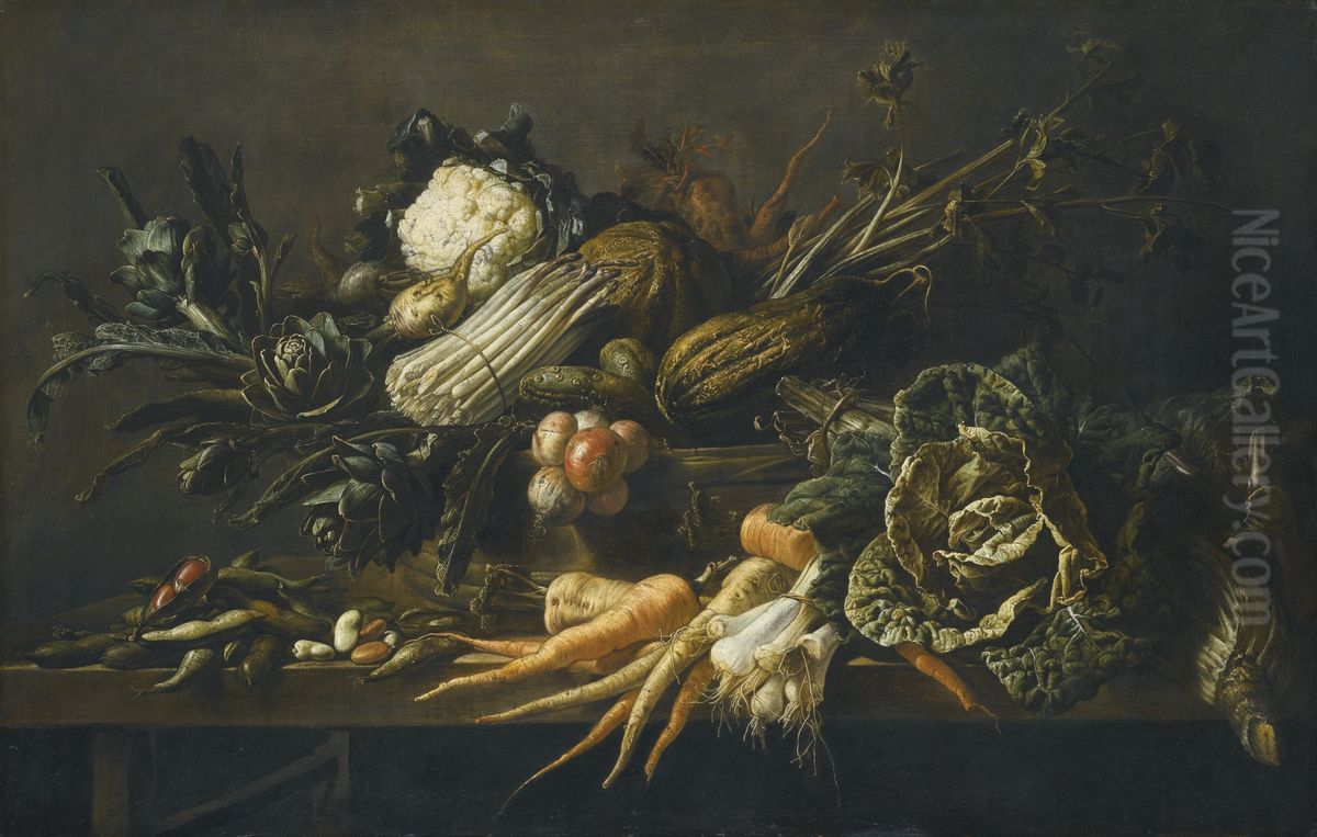 Still life of artichoke, asparagus, green cabbage, onions, beans, carrots and other vegetables, all upon a wooden bench Oil Painting by Adriaen van Utrecht