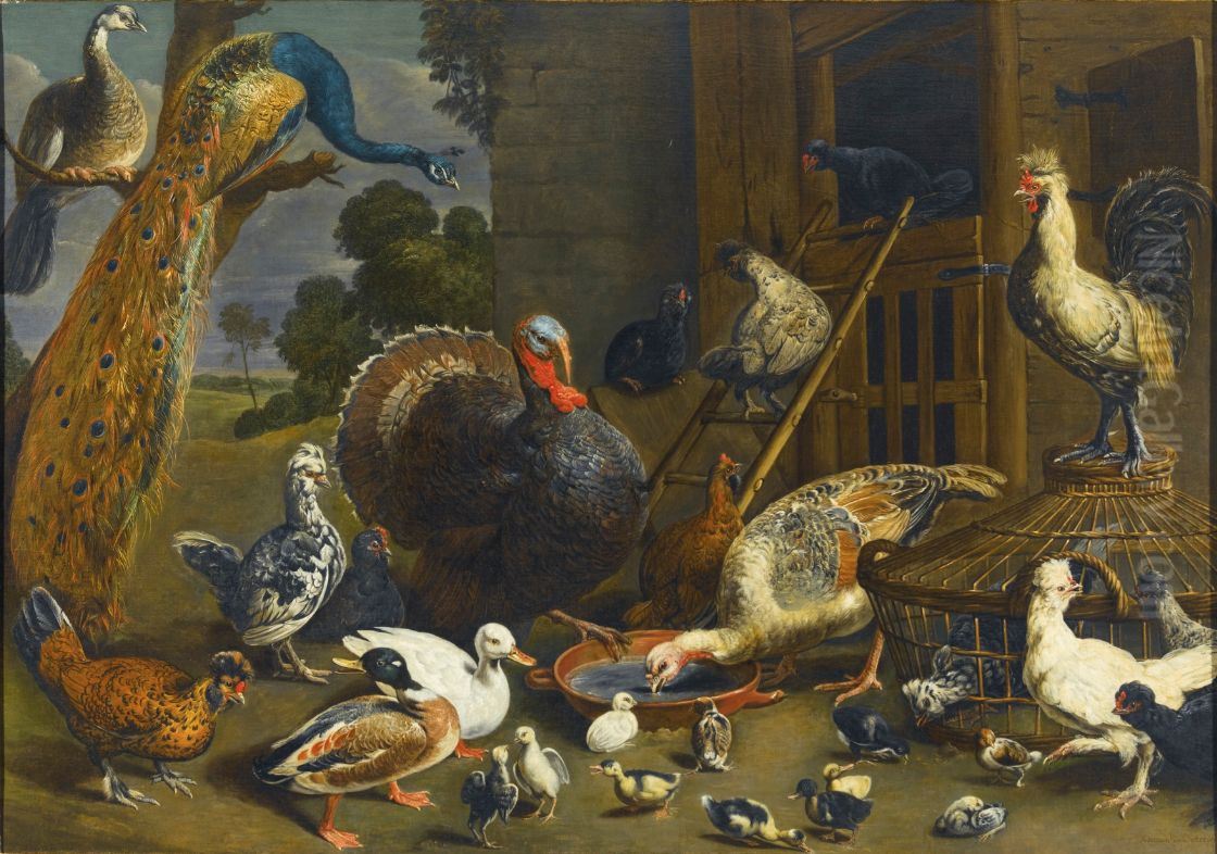 Variety of birds including a peacock, turkey, chickens, and ducks with their young drinking, playing and pecking about in a yard Oil Painting by Adriaen van Utrecht