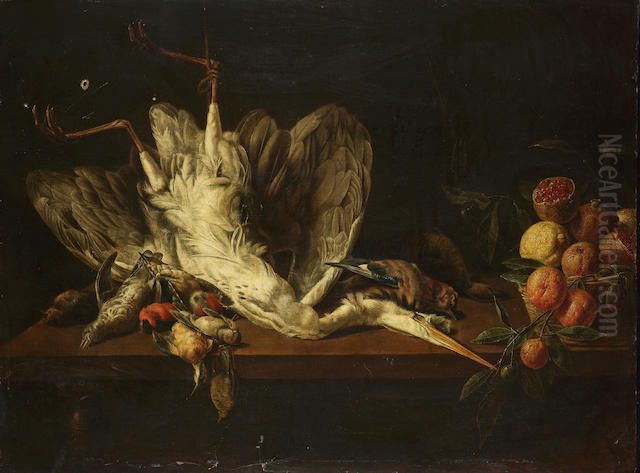 A dead heron with a dead duck, jay, finches, kingfisher and other birds on a table top with a basket of pomegranates and oranges Oil Painting by Adriaen van Utrecht