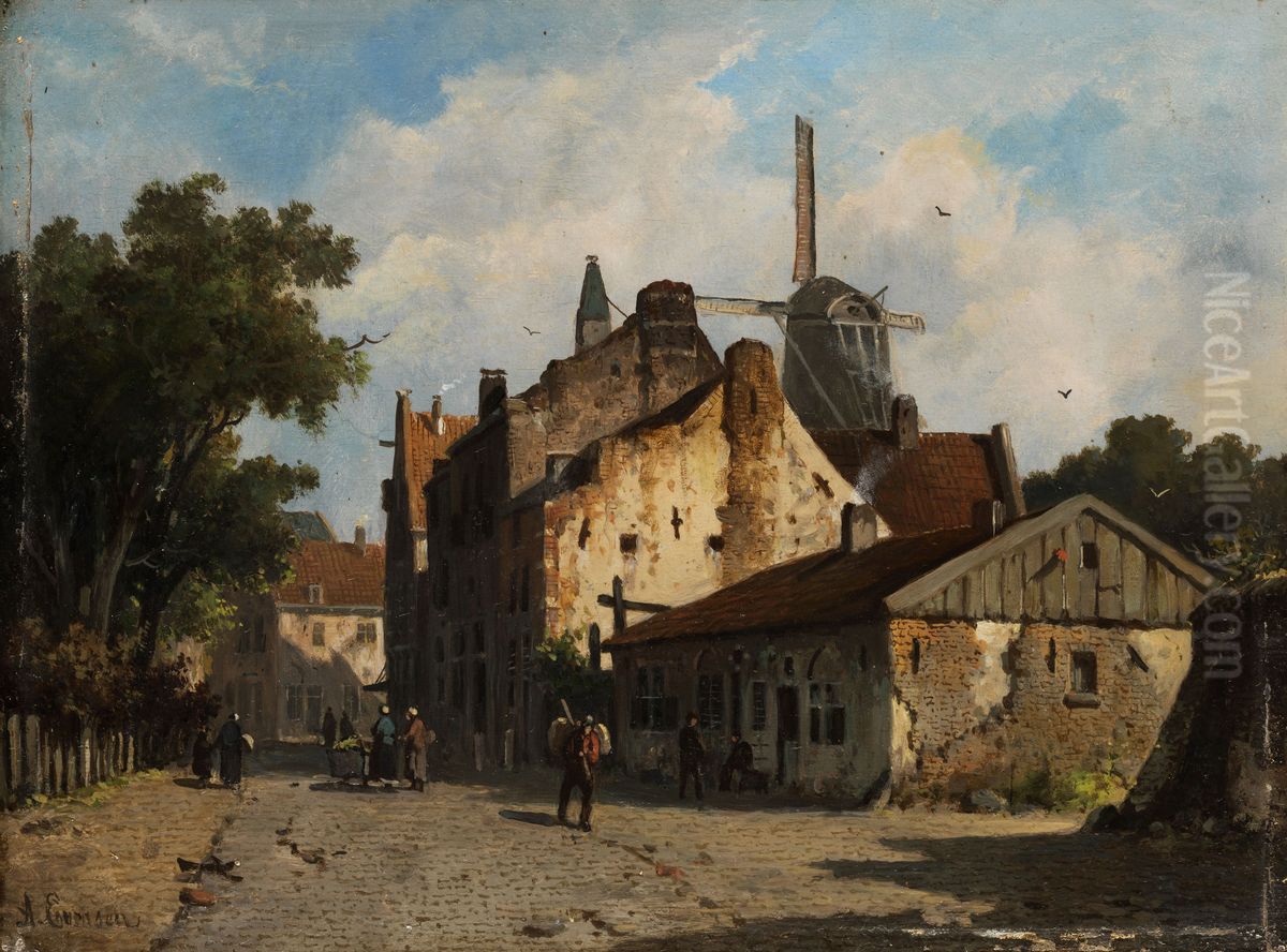Blick in einer hollandische Vorstadtstrasse. Oil Painting by Adrianus Eversen