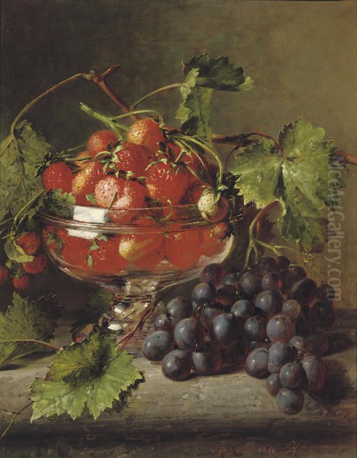 Strawberries in a glass bowl with grapes on a ledge Oil Painting by Adriana Johanna Haanen