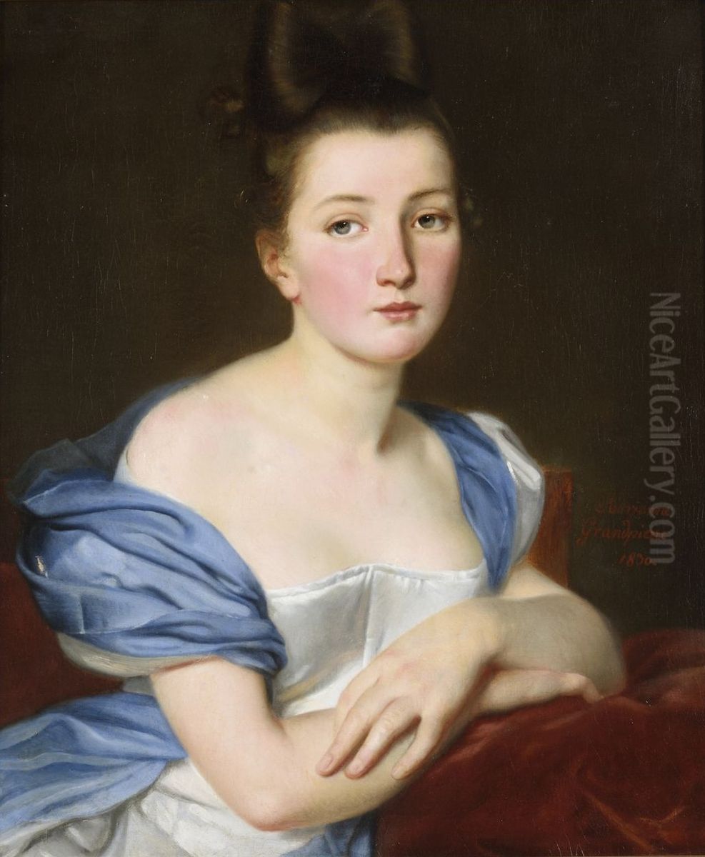 Portrait of a young woman wearing a white dress and a blue shawl Oil Painting by Adrienne Marie Louise Grandpierre-Deverzy