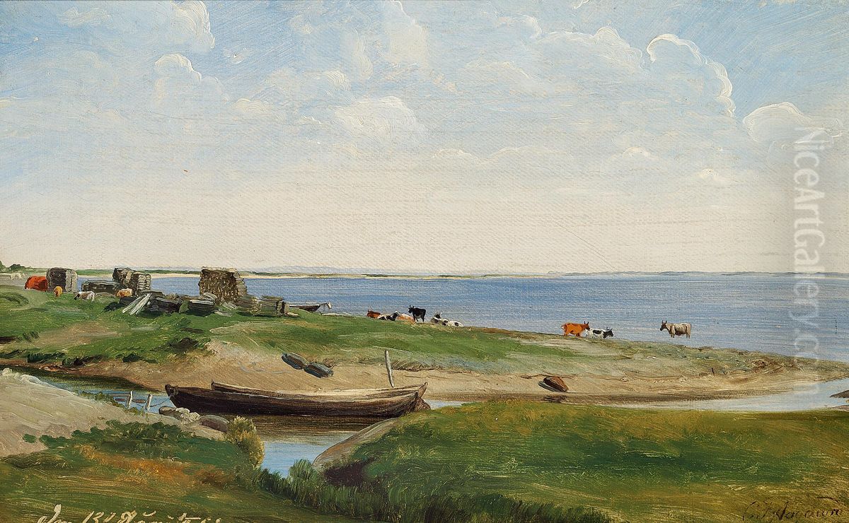 Coastal scenery with cows. Oil Painting by Carl Frederik Aagaard