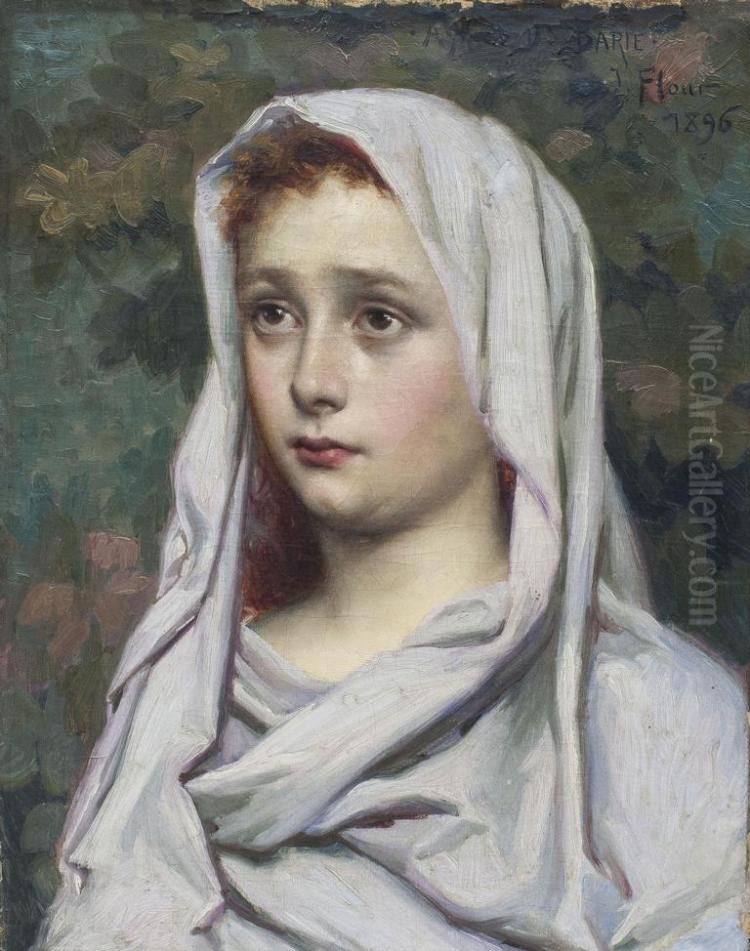 Chastity, Portrait of a young girl in a white robe Oil Painting by Jules Flour