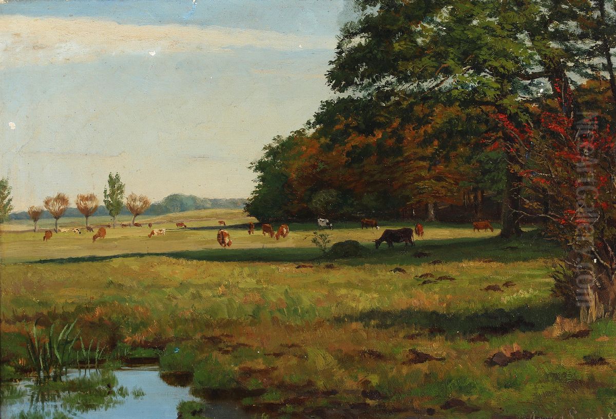 Landscape with cows near a lake Oil Painting by Agnes Cathinka Wilhelmine Lunn