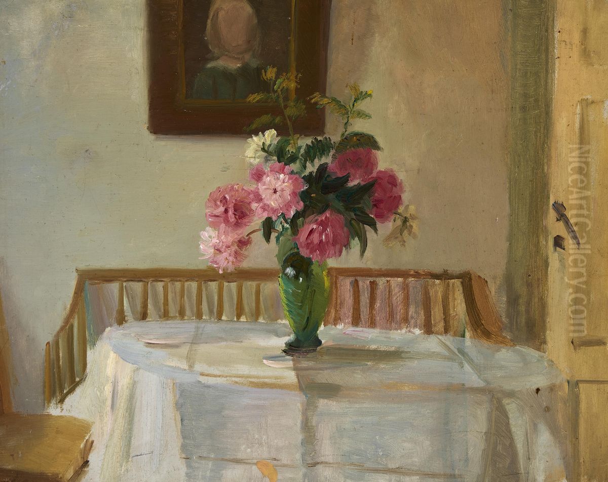 Interior fra Anchers hus med lyserode krysantemer pa et bord. Oil Painting by Anna Ancher