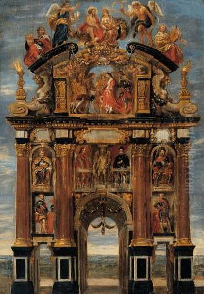 De voorzijde van de triomfboog van Filips IV. Oil Painting by (studio of) Rubens, Peter Paul